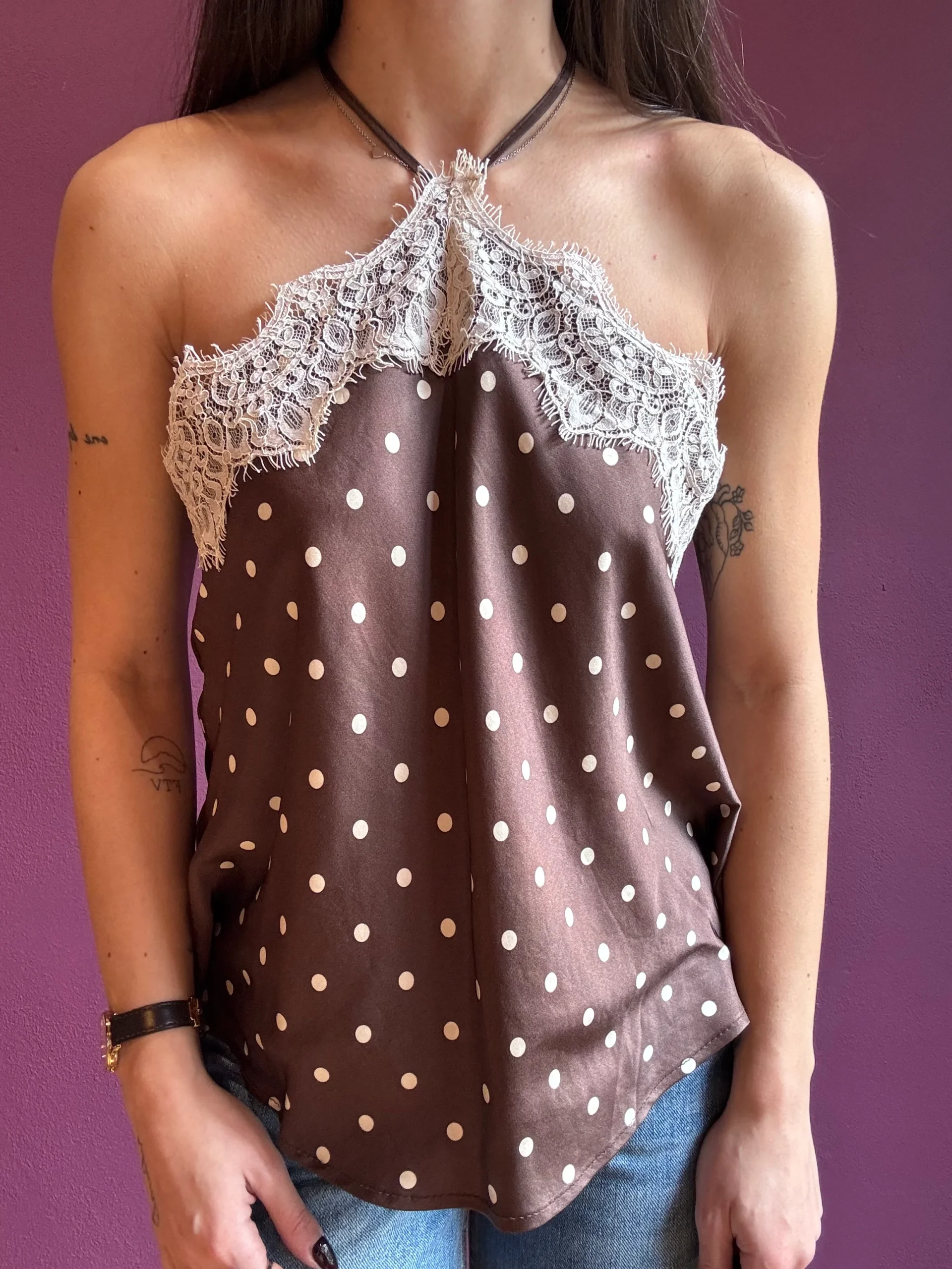 Top in satin moro a pois con pizzo - immagine 5