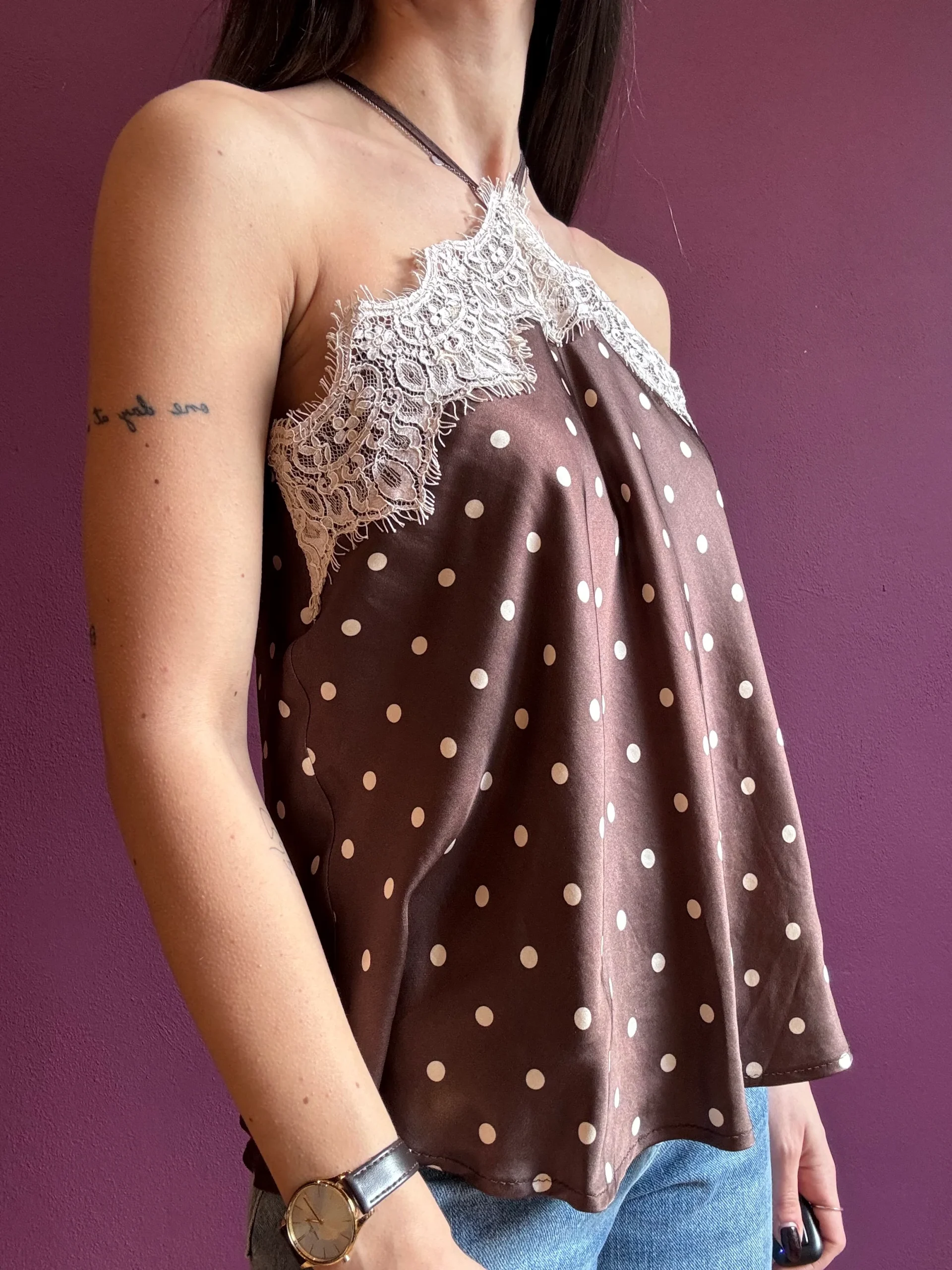 Top in satin moro a pois con pizzo - immagine 2